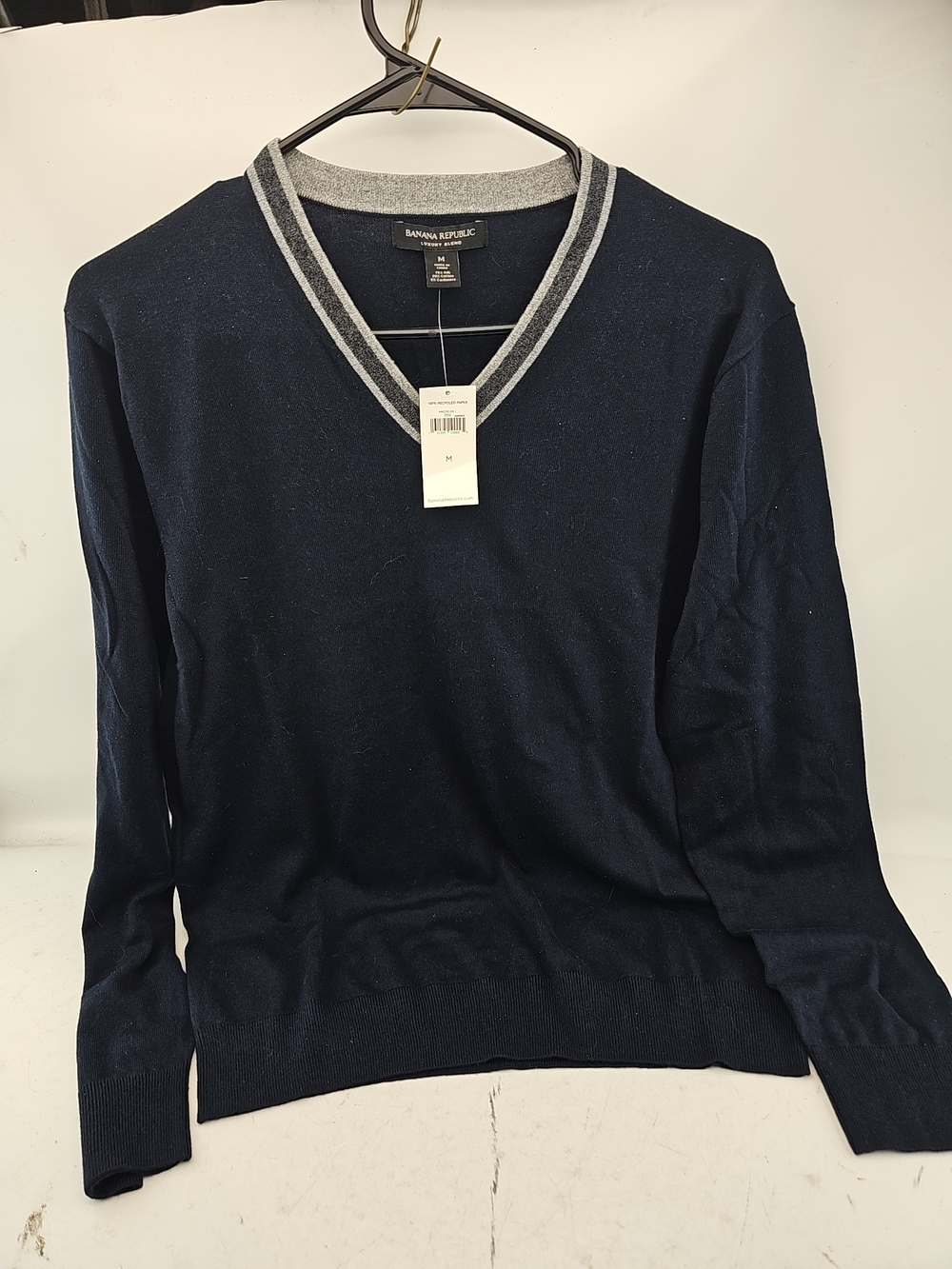 Banana Republic Men's Navy V-Neck Sweater with Gray Trim